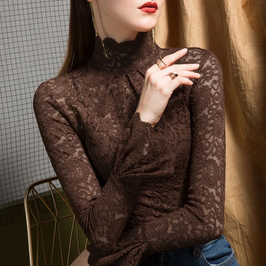 Women's Lace Stretch Turtleneck Blouse - Image 3